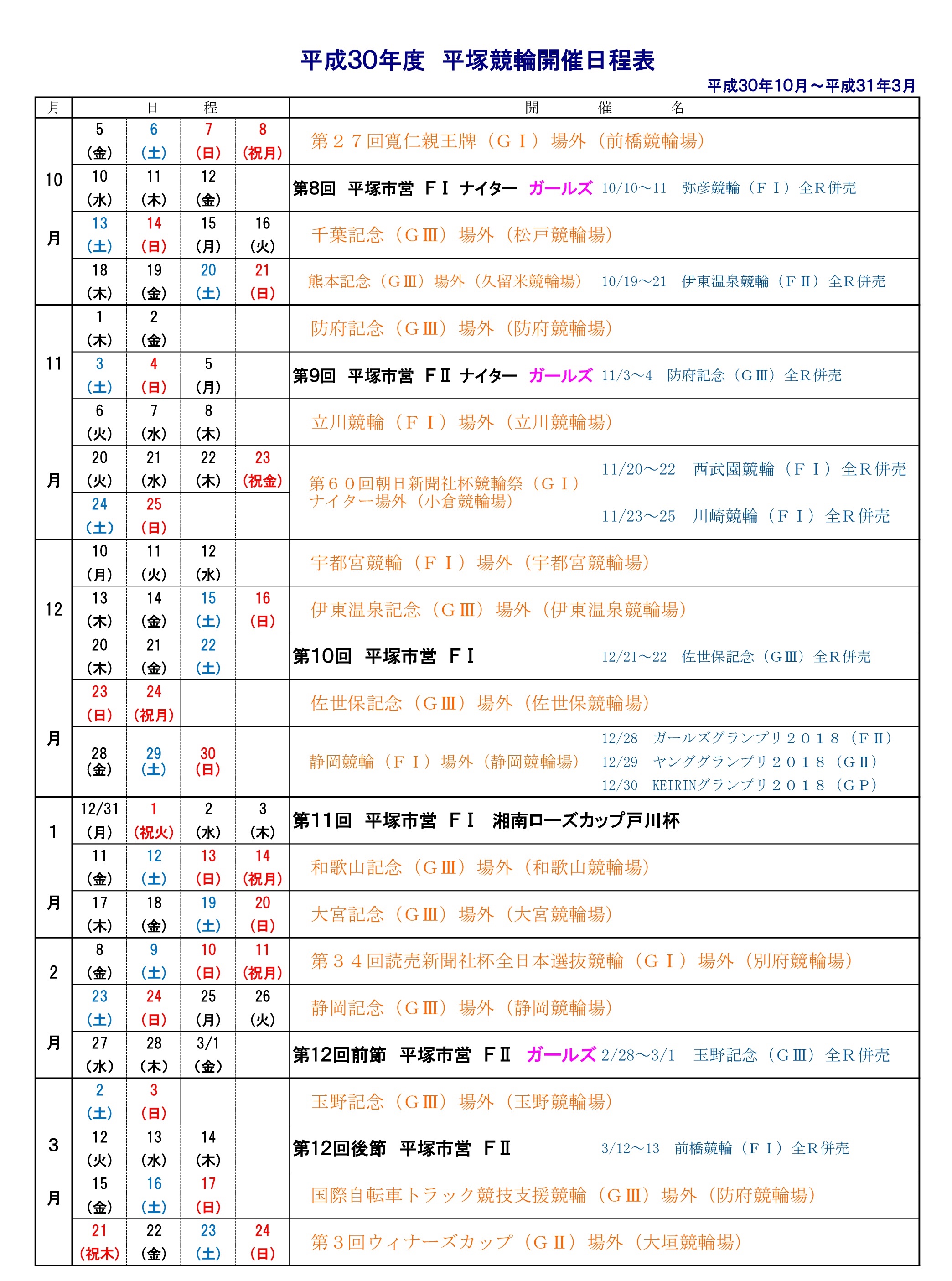平成３０年度 平塚競輪開催日程表 平塚競輪